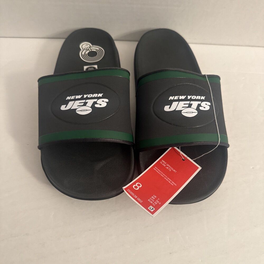 Nike Off Court Mens New York Jets Slides Size 8 Black & Green Sandals Shoes NFL
